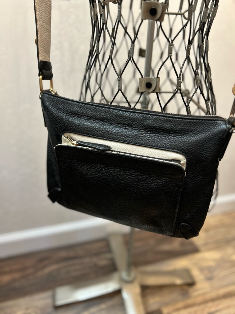 Perlina New York Black Pebbled Leather Crossbody Gold Hardware Adjustable Strap